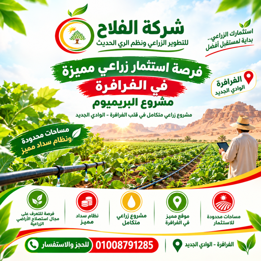 فرصه استثمار الزراعي مميزةفي الفرافرةفي مشروع البريميوم