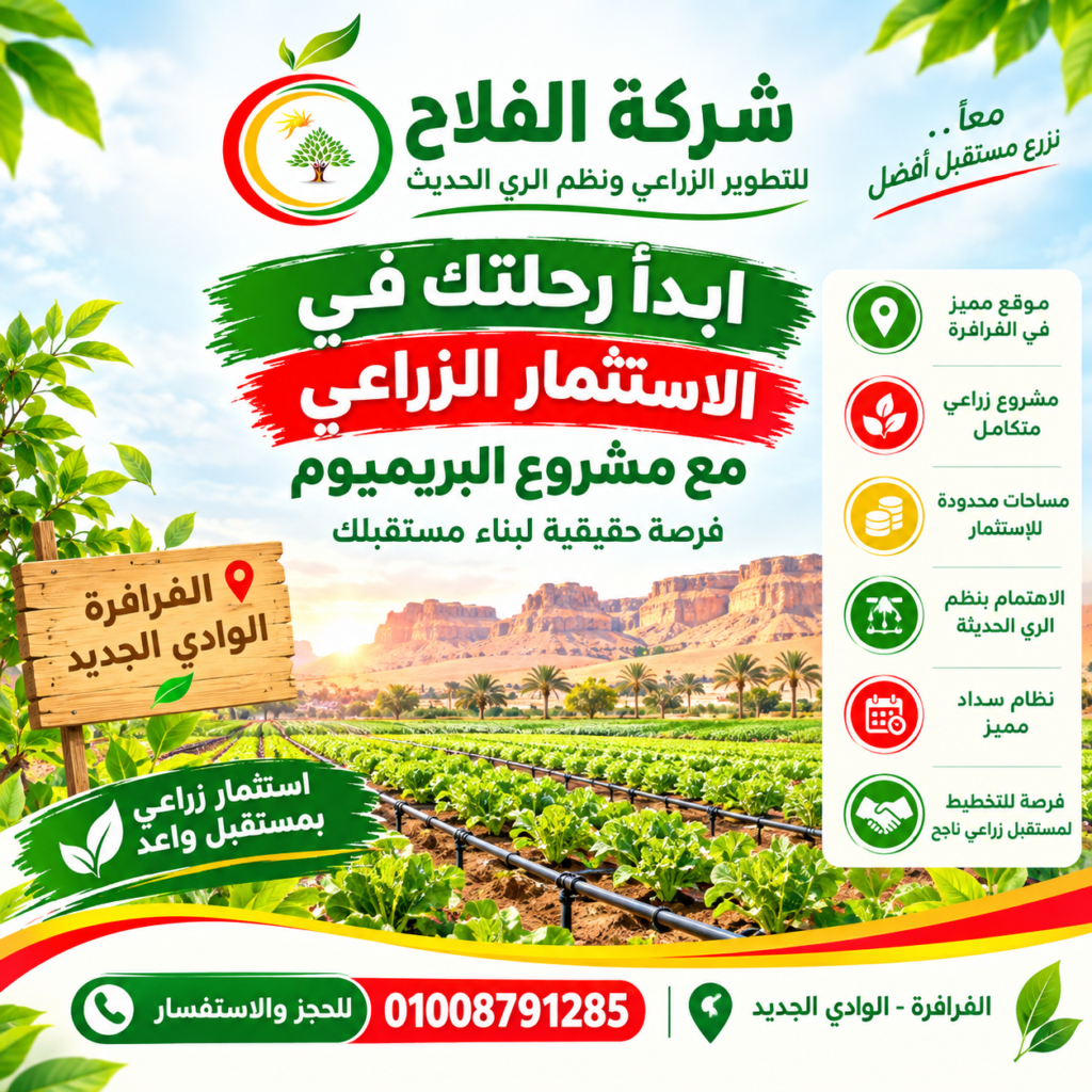 مشروع البريميوم بالفرافرة | استثمر في أرضك وابدأ مستقبلك الزراعي